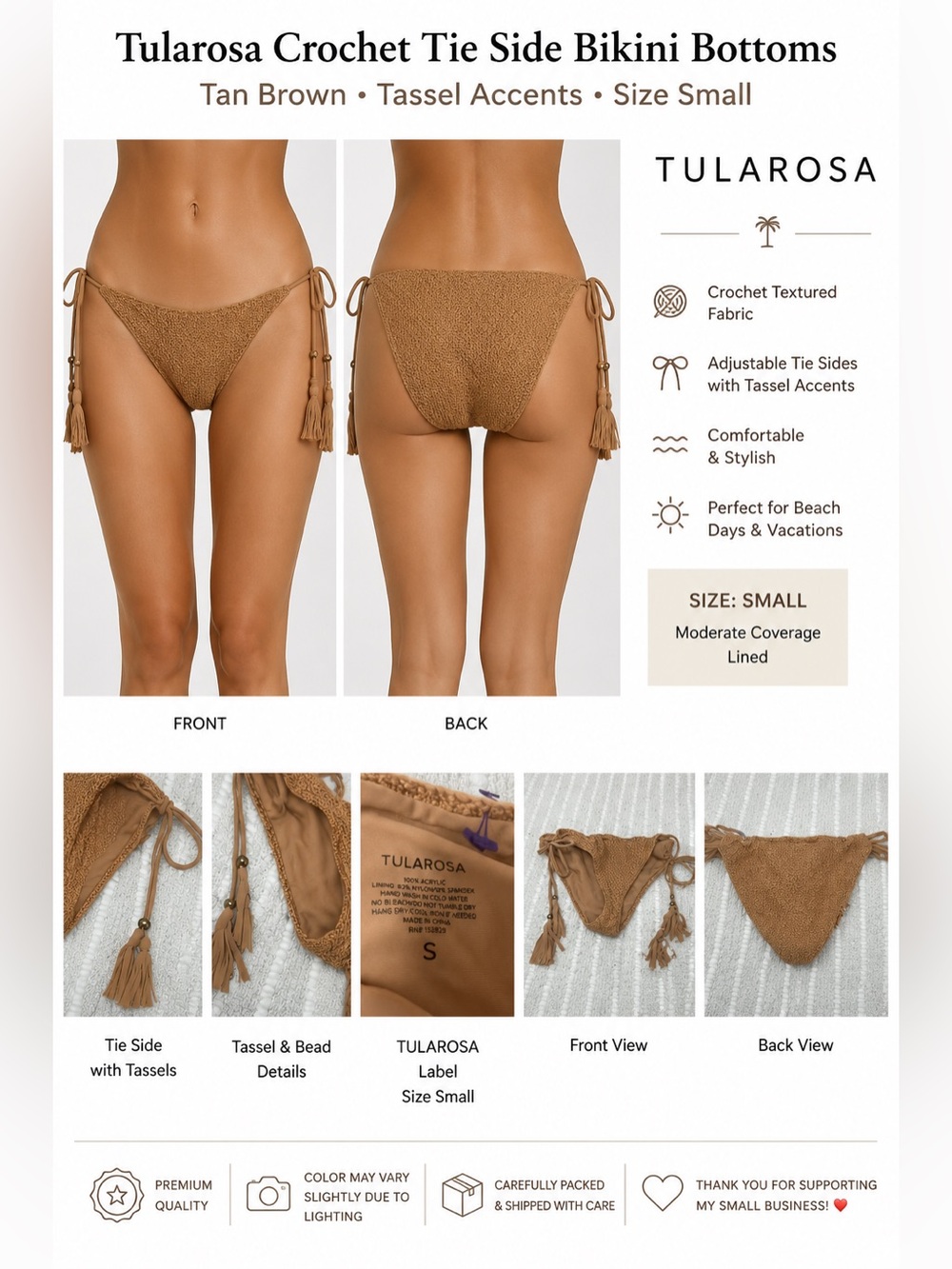 Tularosa Crochet Tie Side Bikini Bottoms Tan Brown Tassel Textured Women's Small